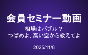 会員セミナー動画（11/8）：相場はバブル？つばめよ、高い空から教えてよ
