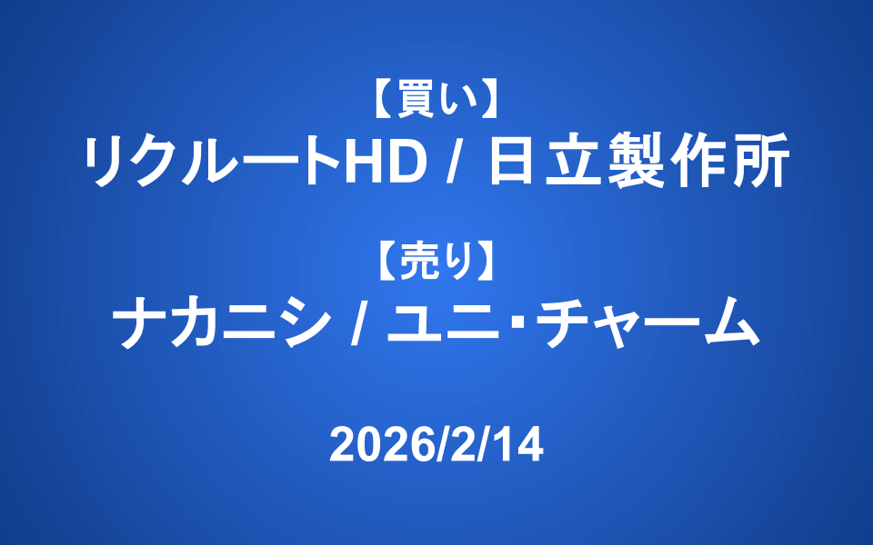 【発注】 ＜買い＞リクルートHD、日立製作所 ＜売り＞ナカニシ、ユニ・チャーム