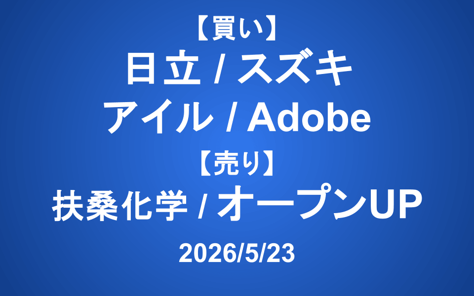 【発注】 <買い>日立、スズキ、アイル、Adobe <売り>扶桑化学、オープンUP